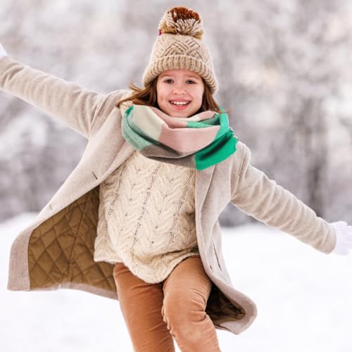 Meisjes Tartan Sjaal, Soft Cashmere Plaid Sjaal Wraps Sjaal Winter Long Sjaal voor meisjes Kids Neck Warmer, Roze Groen, 190×31cm/74.8×31cm, Roze Groen