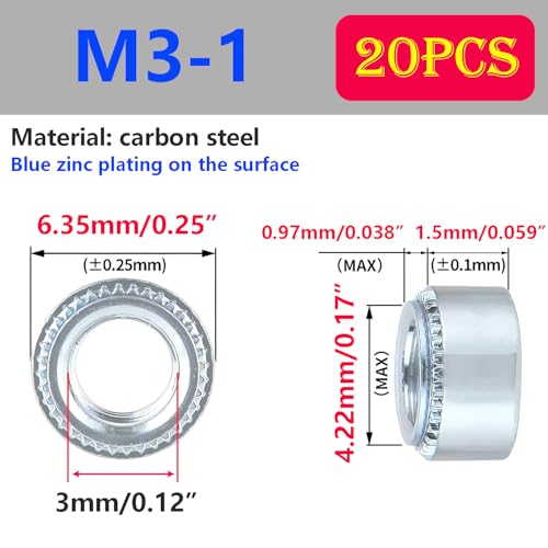 M3-1mm Noten Rivetnoot, Gegalvaniseerd Koolstofstaal, Zelfvergrendelende Noten (verpakking van 20)