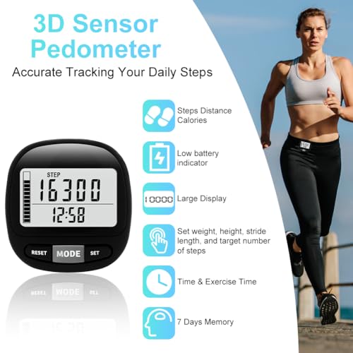 3D Walking Pedometer met Klok met Clip Cord, Real Time Track Steps, Pedometer voor oudere kinderen, Fitness, Mannen, Vrouwen, Ouderen 3