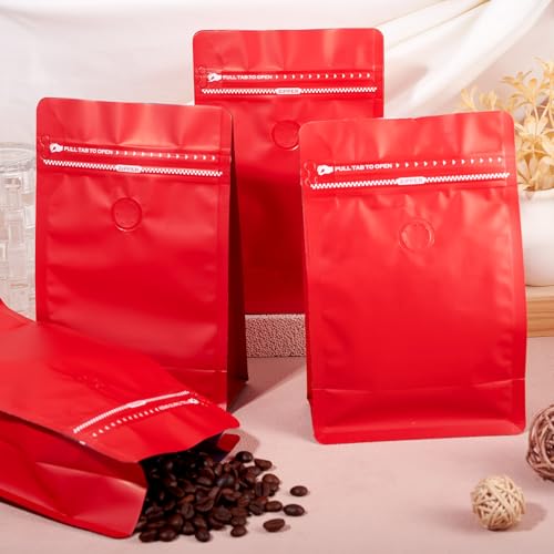 10 stuks koffiebonen zakken met klep rits koffie opslagtassen rits zak Rechthoek Flat Bottom Standing Resealable Zakken Heat Sealing Side voor snoep Snake Cookies Opslag, Rood