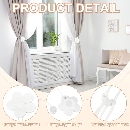Magnetische gordijnbanden, 2 stuks Hars Bloemen Gordijn Bevestigingen, Vintage Gordijn Bevestiging Touw, Magnetisch Venster Gordijn Decoratief voor thuis, Cafe, Kantoor, Wit 3