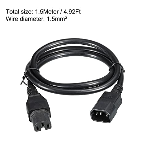 AC voeding, 3 vorken, C14 man tot C15 vrouw, 4.9m, 250V, 10A, PDU uitbreidingskabel voor Elektronica, Laptop, TV, Computer, Printer, Radio, Monitor