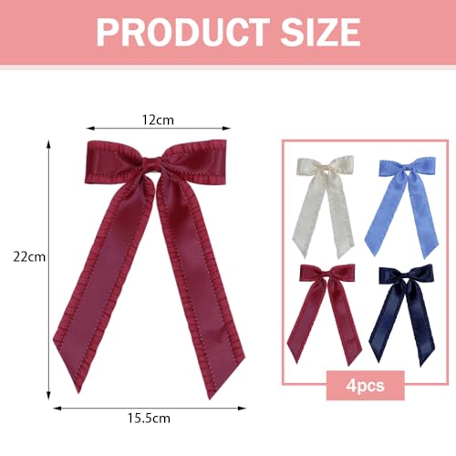 4 st. Ruffled Ribbon Bows voor Hair Clips met lange zijde Satijn Solide kleur Satijn Ruched Bow Clip Cute Ribbon Eenvoudige Hair Attachment Accessoires voor Hair Styling Vrouwen