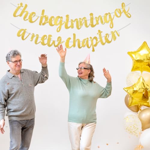 Het begin van een nieuw hoofdstuk banner, glitter afscheid feest decoraties Alles goed voor pensionering afstuderen banner, housewarming, job verlovingsfeest, partij leveringen (goud) 3