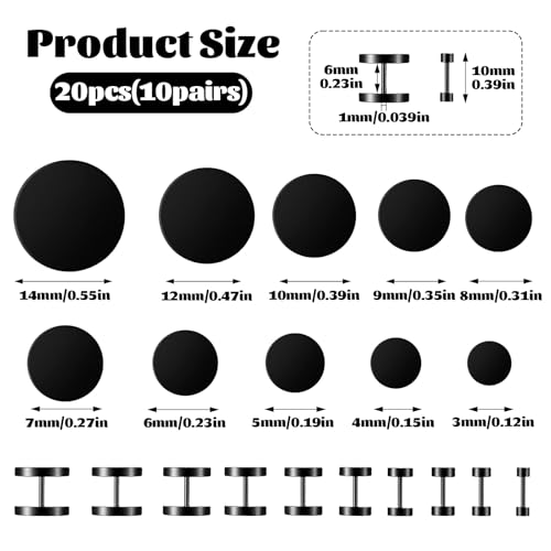 10 paar zwarte oorknopjes voor mannen vrouwen, nep gauge oorbellen faux meters zwarte ronde dot oorstekers set 3-14m m
