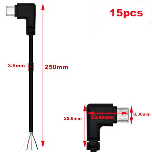 15 stuks USB C stekkerkabel, 90 graden, USB C stekker, soldeer 28 AWG, 5V/3A, 4-draads USB C uitbreidingskabel voor geïnstalleerde USB-C apparaten of vervangende reparatie DIY kabel