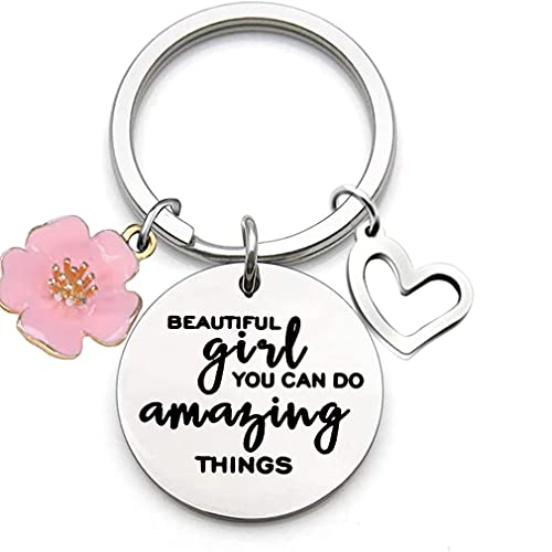 Inspirational Birthday Keychain "Mooi meisje, je kunt geweldige dingen doen" Sleutelhanger voor dochter, zus, vriendin, familie, 13. 14. 15. 16. 17. 18e verjaardag geschenk meisje, zilver, M, zilver 3