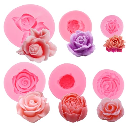 6 stuks 3D Siliconen Floral Shape - Soft Rose en Peony Siliconen mallen voor Fondant, Kaarsen - Easy Detach for DIY Handmade