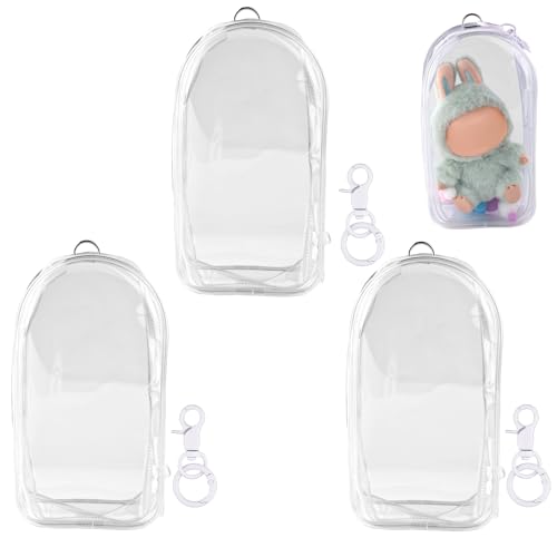 Poppentassen, 19,5x10,5cm Waterdicht PVC Doll Bag met Pompon en Keychain Beschermzak voor Verzamelaars (Transparant), Transparant, modern