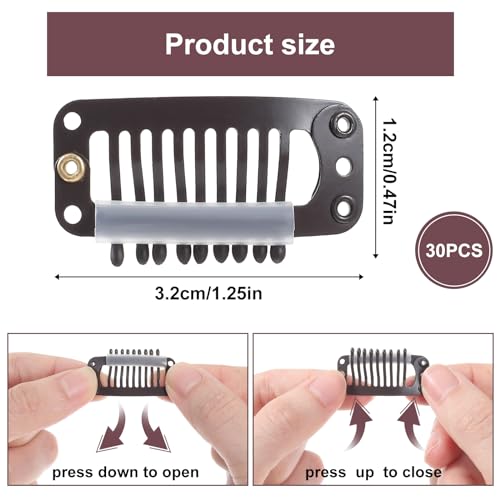 30 st Haarverlengstukjes, Comb Snap Pruikenklem 32mm 9 Tanden Bruin Pruiken Accessoires Gereedschap voor Vrouwen Pruiken Haarverlengstuk DIY