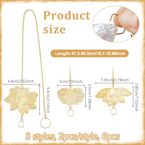 6 stuks, 3 stijlen, goud ketting lotus blad opknoping decoraties in de vorm van een lotus blad voor prisma ramen, binnen en buiten tuin decoratie, 47.5-50.5cm