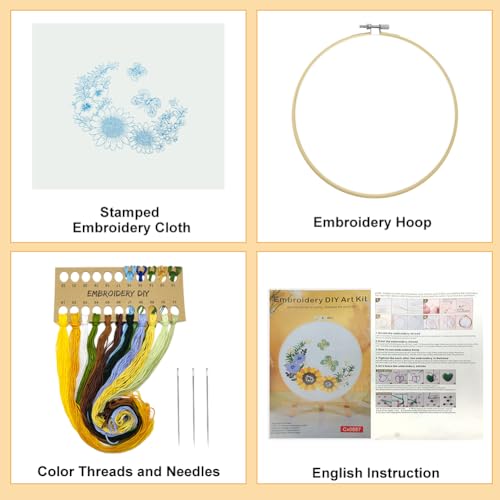 Borduurwerk Kits voor volwassenen, Beginners, Zonnebloem vlinder patroon borduren Starter Kit Eenvoudige Cross Stitch Kits met borduurwerk Kleding en Hoop, Naalden, Gekleurde Threads en instructie 3