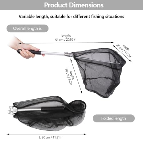 Telescopische landing net met antislip handvat voor roofvissen - met rubber en duurzaam Nylon Visnet, opvouwbaar, 53cm