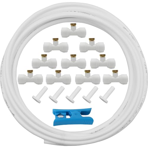 Waternevel Koeling, Irrigatiesysteem, Waternevelsproeisysteem, Spray Koelset, met 5 m slang + 10 spuitpistools + 10 mistzitje + 5 eindstops (Wit)