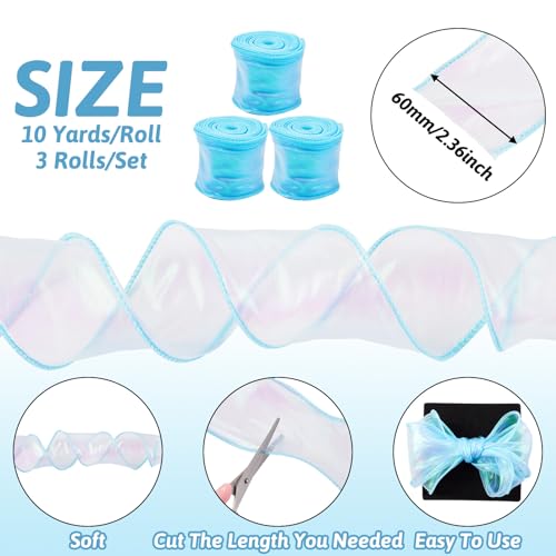 3 Rolls Polyester Iridescent Ribbon 60mm Sparkling Sheer Chiffon Ribbon Glittering Organza Ribbon voor Bouquet Wrap Bows Krans Decoratie DIY Crafts, Sky Blue