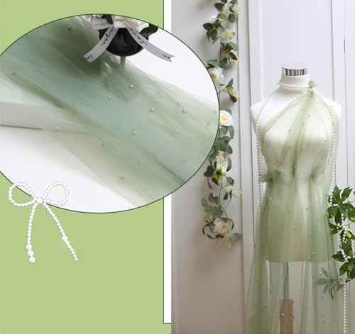 50 cm x 160 cm, Sage Green, Tule Stof voor Kleding en Decoratie, Parel Mash Stoffen voor Naaien, Verkocht aan de Metre, Bruiloft Stof, Tule, Decoratieve Stof met Parel voor DIY verjaardag, Party