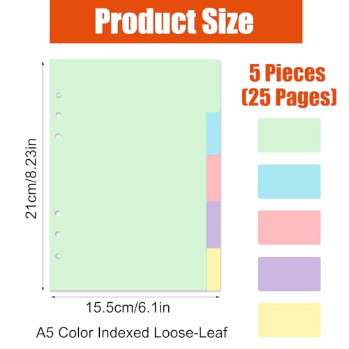 25 Vellen/5 Sets Dividers voor Ring Binders, Filers Tabbladen A5, A5 Gekleurde Mappen Tabbladen, 6 Gaten Mappen Tabbladen, A5 Onderwerp Dividers Papierblad, Voor Notepad, Ring Binder, Planner