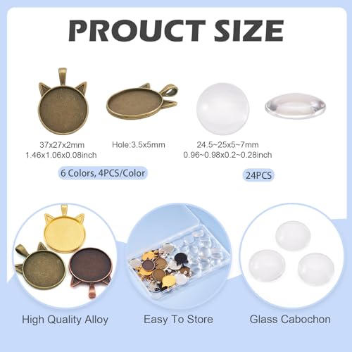 24 Set Kitten Hanger Maken Kit 25 mm Kat Cabochon Instellingen Dier Legering Hanger Trays Transparant Glas Cabochons voor Scrapbooking Sieraden Kunst Maken Telefoon Case Accessoires Craft 5