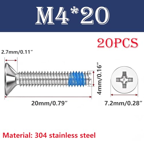 Verpakking van 20 kleine Phillips Countersunk Head Schroeven M4 x 20 mm 304 roestvrij staal Doseerschroeven Anti-Loosening Niet-slip Volledige draadschroeven voor machineapparatuur en