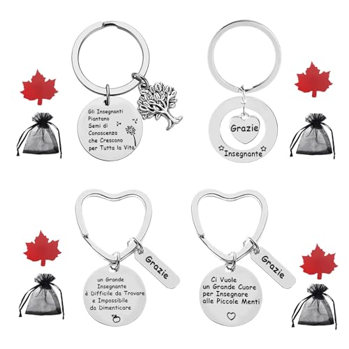 Meester Keychain, 4 stukken, Roestvrij staal Dank u Meester Diverse sleutelhangers, voor leraren, Professor Coach, Cadeau voor leraren, Zilver, One Size