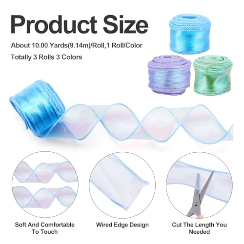 3 Rolls Polyester Iridescent Fishtail Ribbon Glittering Chiffon Ribbons 45mm Gift Wrapping Ribbon Bruiloft Bouquet Bows Wrapping Kralen Decoratie, 3 Kleuren 3