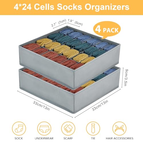 4 stuks sokken en ondergoed opslagdozen, 24 cel opvouwbare dozen (Opvouwbare doos, lade dividers, lade Organizer, stof dozen voor het opslaan van sokken (Hemp) 4