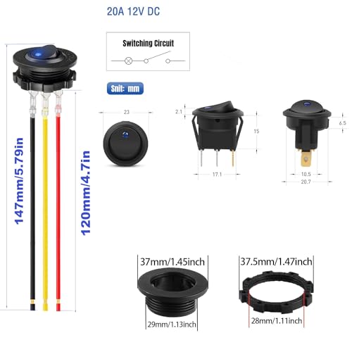 Verpakking van 5 LED Light Switch Ronde Blue Rocker Switch 12V Ronde Knop 12V LED Rocker Switch Waterdichte Ronde 2-Way SPST 3-Pin met Case 3