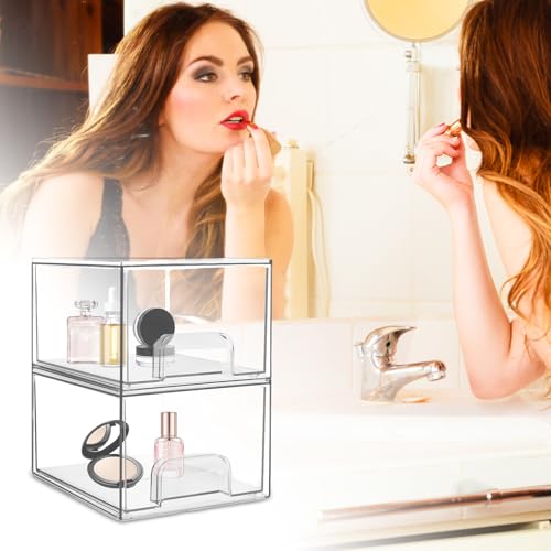 2 stuks Stapelbare opslagladen Make-up Organisator Opslag laden, 19 x 15.2 x 16,7 cm, Plastic Cosmetic Badkamer Organizer, Duidelijke Lade Organisator, Acryl Organizer, met 16 Non-Slip Mat (A) 3