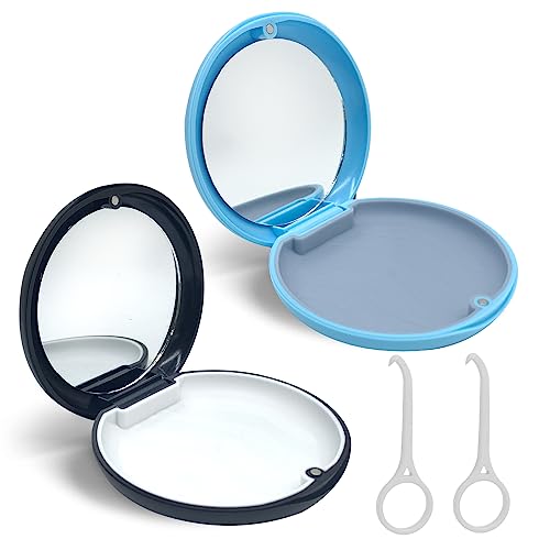Bewaarer Case, 2 stuks Portable Denture Box met Spiegel Lege Orthodontische Tandenhouder Doos voor Houders en Mondbeschermers met Aligner Removal Tool (Zwart + Blauw)