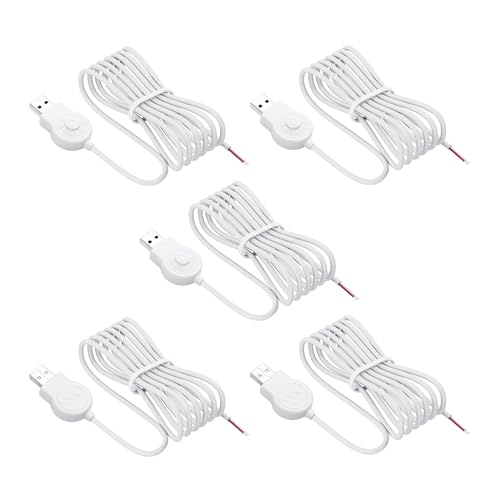 USB Dimmer-kabel, wit, continu dimbaar, 5V 2A Power Cord met aan/uit-schakelaar, USB-plug naar Strung-kabels, One-Button Operation (1,5m/5pcs)