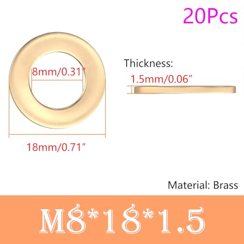 Verpakking van 20 platte ringen, M8 x 18 mm, O-Ring Spacer Disks, Messing Seal, Wasmachines voor schroeven