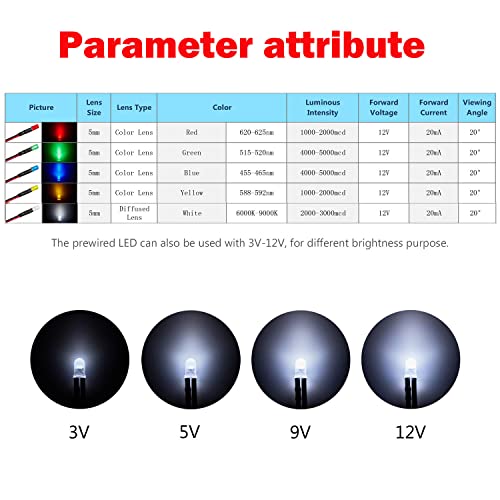 100st 5mm 3V-9V-12V LED diode, LED met kabel 12V, Model Railway H0 Verlichting RC Model Making LED Diodes Light + 100st 5mm LED Montage Ringen Plastic (rood, geel, groen, wit 3
