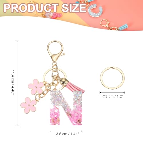 Alfabet eerste brief sleutelhanger, hars leuke hanger bloemen en tassel brief N Charm voor vrouwen handtas accessoires, roze