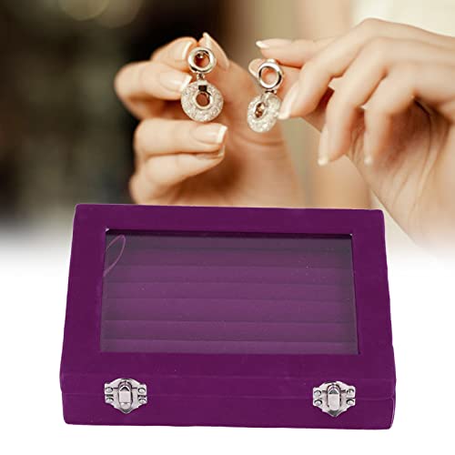 Ring Box sieraden opslag fluweel Display sieraden lade met 7 afdelingen en deksel, sieraden doos Display Case Organisator met helder glazen deksel voor ringen, oorbellen en Manchetknopen(Purple) 4