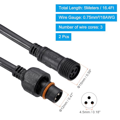 Verlengkabel 40 cm en 3-pins, 2 stuks, waterdicht, IP67, 18 AWG, Plug en Socket aan beide uiteinden voor LED Strips, zwart