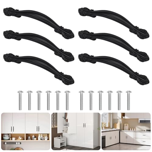 6 Stuks Lade Handgrepen Vintage Meubels Handgrepen Gat Spacing 64mm Retro Kabinet Handvat Zwart voor Tuindeur Keuken Kabinet Deuren Laden Handgrepen Zwart