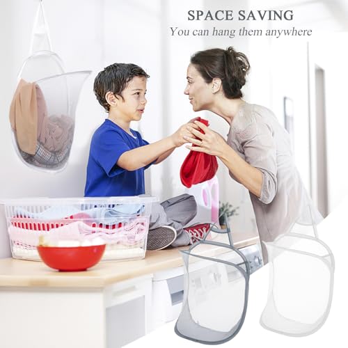 2 stuks Hangende wasmand, Mesh opvouwbaar Kleine muur wasmanden Pop-up wasmand Organisator vuile kleren Mesh Bag draagbare wasbak voor thuis, Hotel, Reizen, Camping (White + 3