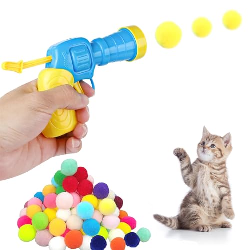 Kattenspeelgoed Balpistool Interactieve Kattenspeelgoed met 50 stuks Kattenballen, Kattenspeelgoedbal met kunststof startersgereedschap, Interactieve Speelgoed voor Binnen Huisdieren Katten