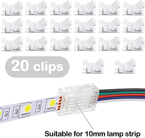 Pak van 20 LED Strip Connectors 5 Pin 10 mm LED Soldeervrije Strip Connector, 5 Pin Connector, voor 10 mm breedte SMD 5050 RGBW LED Strip, 5 V, 12 V, 24 V (transparant)