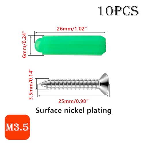 Verpakking van 10 wandschroeven en -deksels, zelftappende metalen schroeven en kunststof pluggen, M3.5 x 25 mm Phillips Schroeven, voor wandbevestigingen