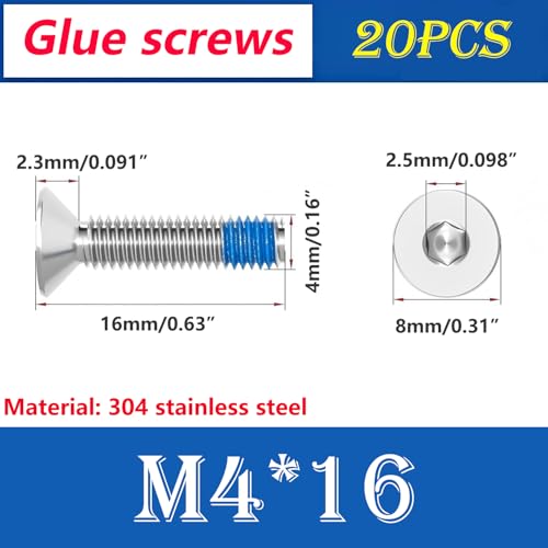 Verpakking van 20 verzonken schroeven M4 x 16 mm met zeshoekige stopcontact standaard DIN 7991, kleine schroefjes met schroefdraad met coating van Threadlock