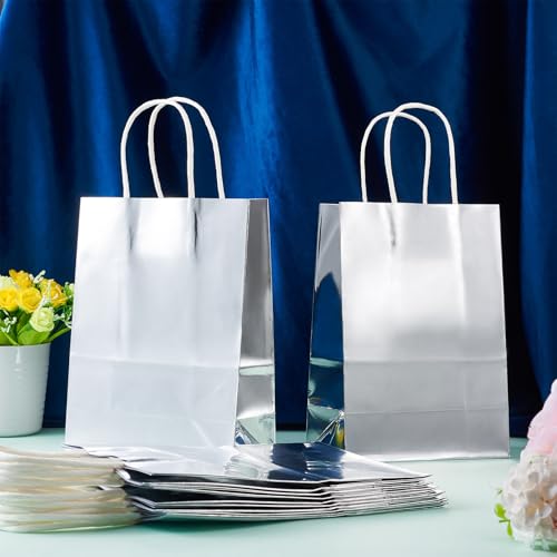 12 stuks Zilveren Cadeautassen, Metallic Paper Rechthoekige Tas, Glitter Kraft Papier Winkelmandjes met handvatten voor kleine bedrijven, Party, Verjaardag, Bruiloft, Bruidsdouche, 20