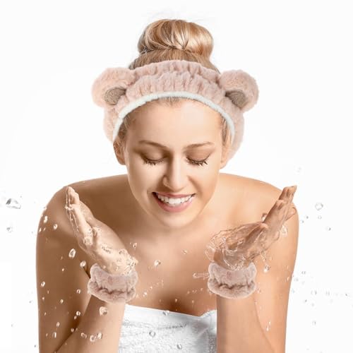 Haarband Cosmetics voor Make Up and Wash, Bear Elastische Gezicht Pols Wasband, Absorberende Make-up Verwijderaar Haar Band voor Meisjes Vrouwen Yoga Sport Skin Care Cosmetics Douche(A) 3