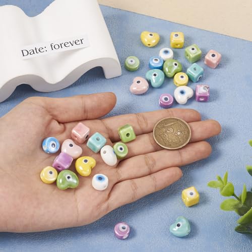 Evil Eye Porselein kralen Kubus Hart Handgemaakt Porselein kralen Flat Ronde Evil Eye Spacer Kralen voor BIY armband ambachten sieraden maken, 30 st 5