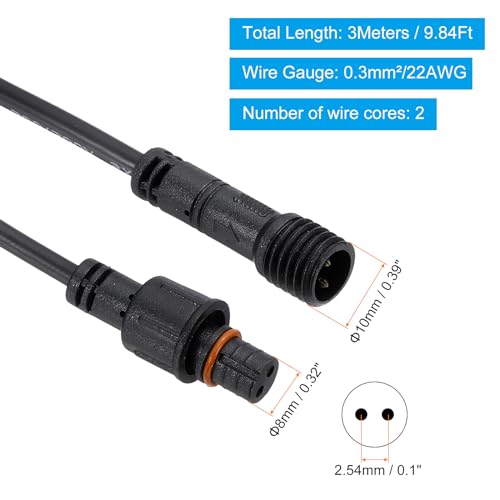 Extension Cable, 2-Pole, 22 AWG, Waterproof IP67 Plug met Plug en Socket aan beide uiteinden voor LED Strips, zwart