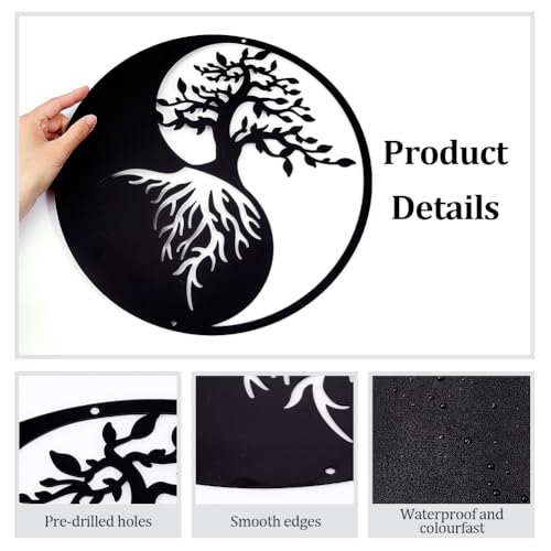 Boom van het leven Metalen Muur Decor, 30cm Yin Yang Wall Art Zwarte Wallpaper Decor Silhouette Wall Art voor Slaapkamer Woonkamer Badkamer Office Garden Hotel Wall Decoratie 4