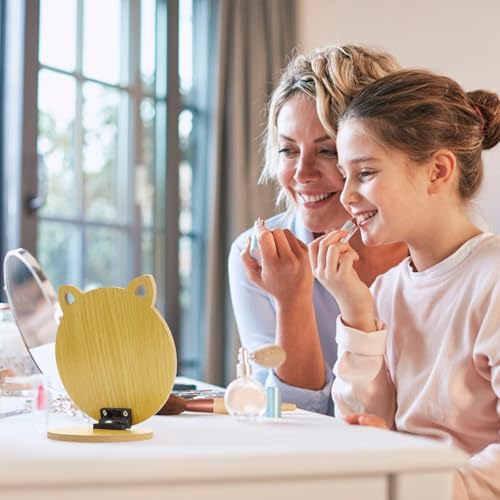 Opvouwbare spiegel, verstelbare hoek, cosmetische spiegel, Kattenoorvorm, Spiegel voor kinderen, Tafelspiegel met houten basis voor slaapkamer, woonkamer, badkamer 5