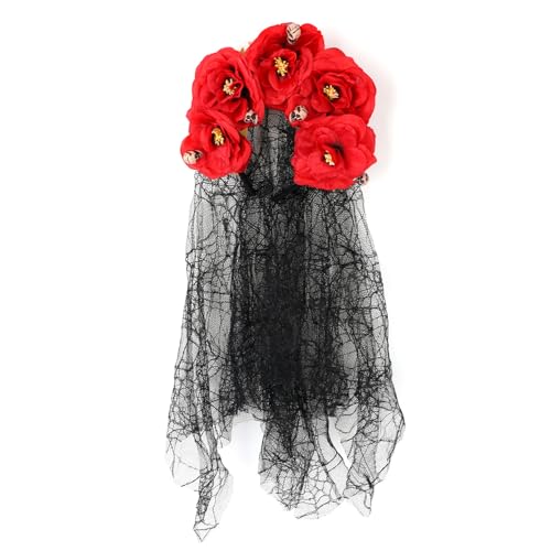 Gothic Rose Lace Veil Headgear, Halloween Rose Flower Headband met schedeldecoratie Bruids hoofdjurk Headwear voor vrouwen Halloween Cosplay Party Costume Accessoires