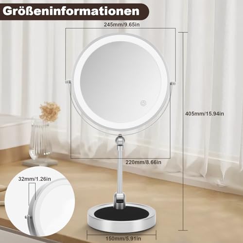 Cosmetische spiegel met verlichting, spiegel met verlichting, 1X/5X vergroting met LED-verlichting, 3 kleurenverlichting, USB Oplaadbaar, 360° Draaitafel/bureauspiegel