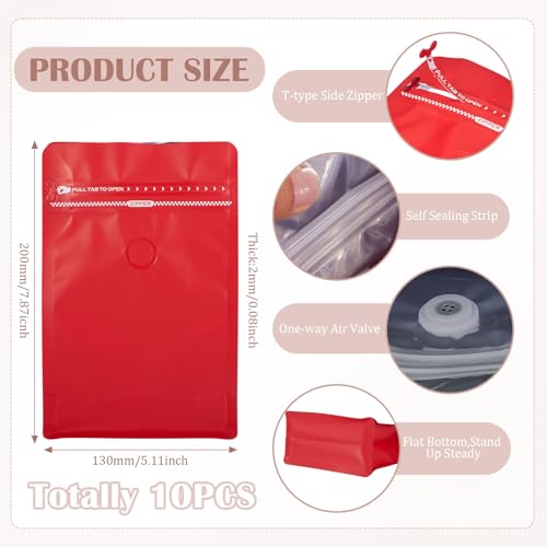 10 stuks koffiebonen zakken met klep rits koffie opslagtassen rits zak Rechthoek Flat Bottom Standing Resealable Zakken Heat Sealing Side voor snoep Snake Cookies Opslag, Rood 4